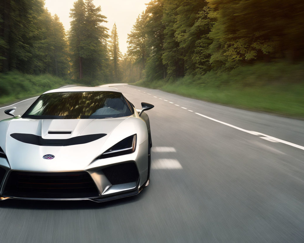 White Sports Car Speeding on Forest-Lined Road