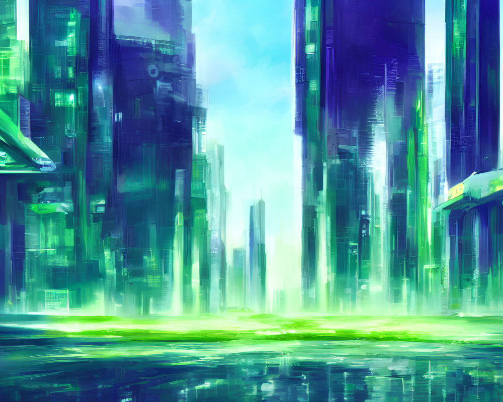 Futuristic cityscape with green and blue skyscrapers reflected on glassy surface