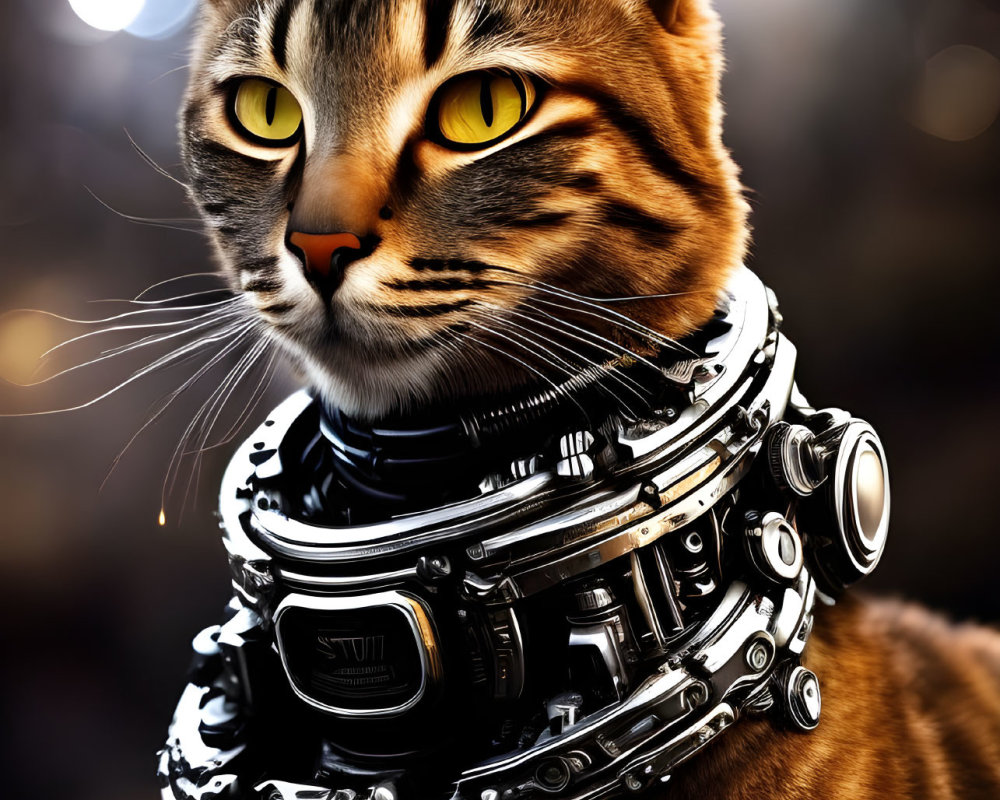 Tabby Cat with Yellow Eyes in Futuristic Collar on Blurred Background