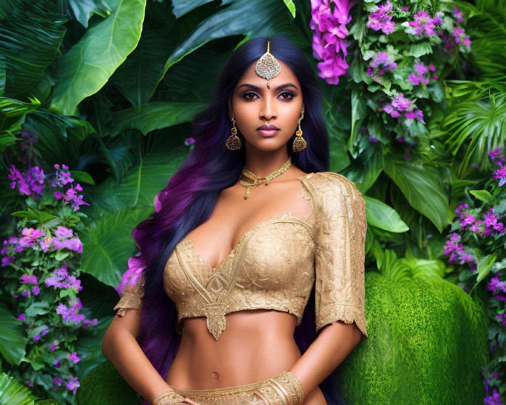 Woman with Purple-Tinted Hair and Gold Jewelry in Lush Greenery