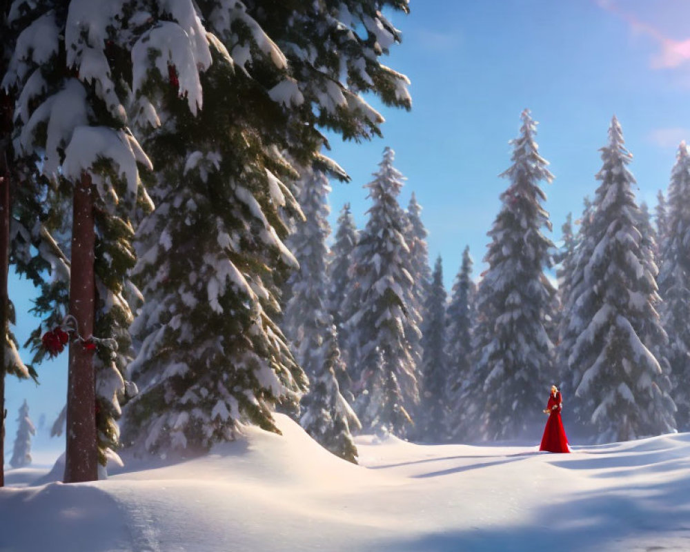 Solitary figure in red cloak in snow-covered pine forest at sunset