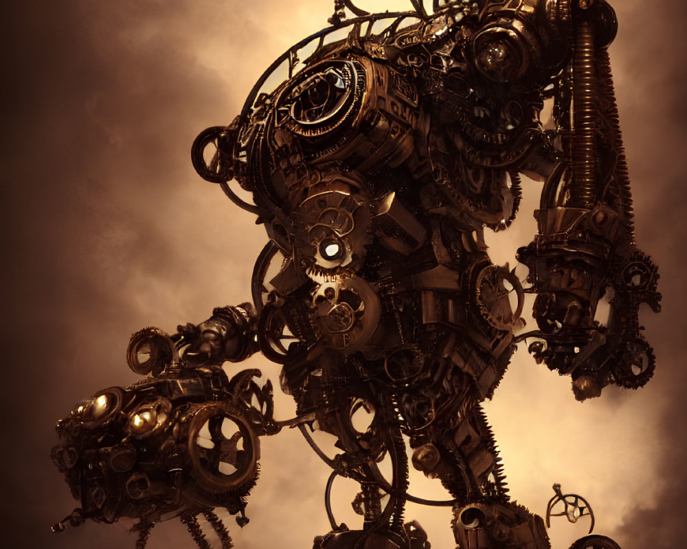 Steampunk-style robot with gears and cogs under dramatic sky