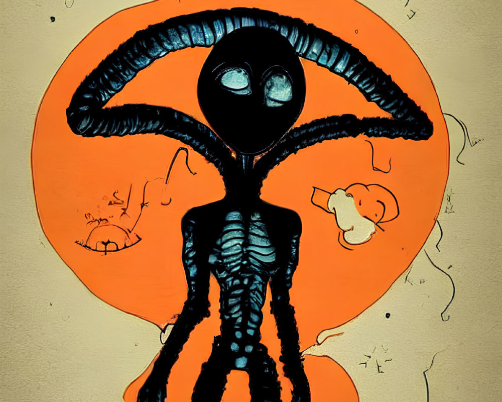 Stylized alien illustration with large eyes on orange backdrop