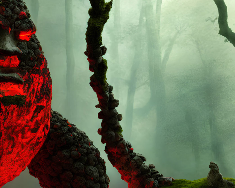 Stone creature with red eyes in foggy forest with soft light