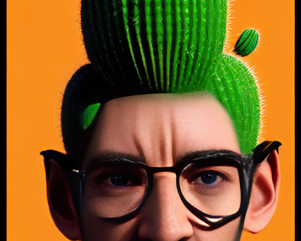 Cactus-headed person with glasses and mustache on orange backdrop