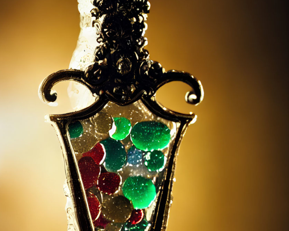 Detailed Close-Up of Ornate Lantern with Intricate Metalwork and Warm Glow