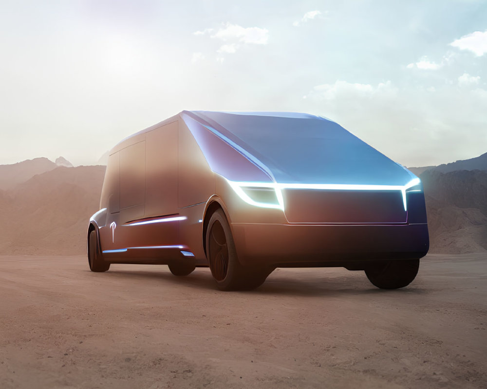 Futuristic Electric Van with Neon Lights in Desert Sunset