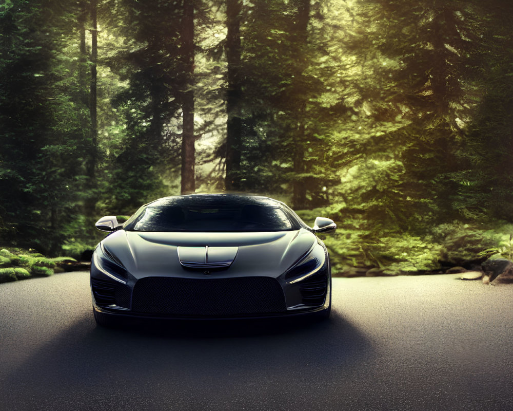 Silver sports car parked on forest road under soft lighting