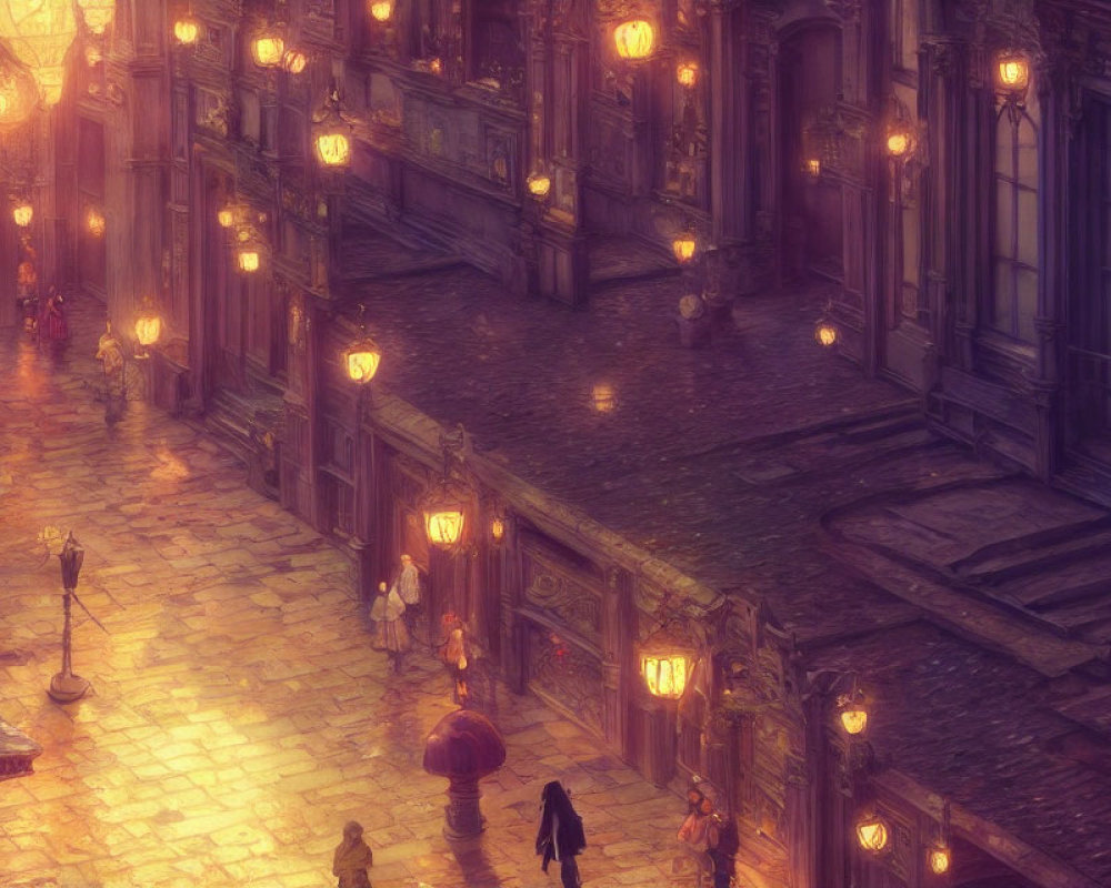 Vintage-style illustration of cobblestone street with classical buildings and glowing lanterns.