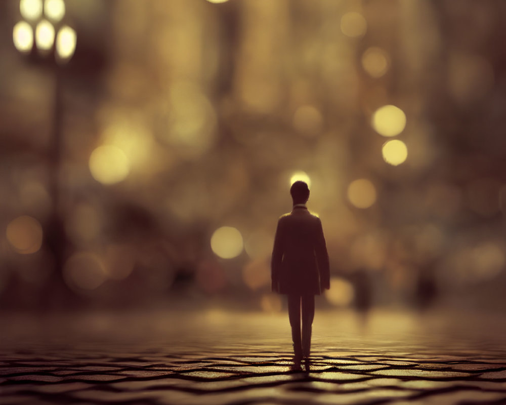 Person's silhouette on cobblestone path with glowing streetlights