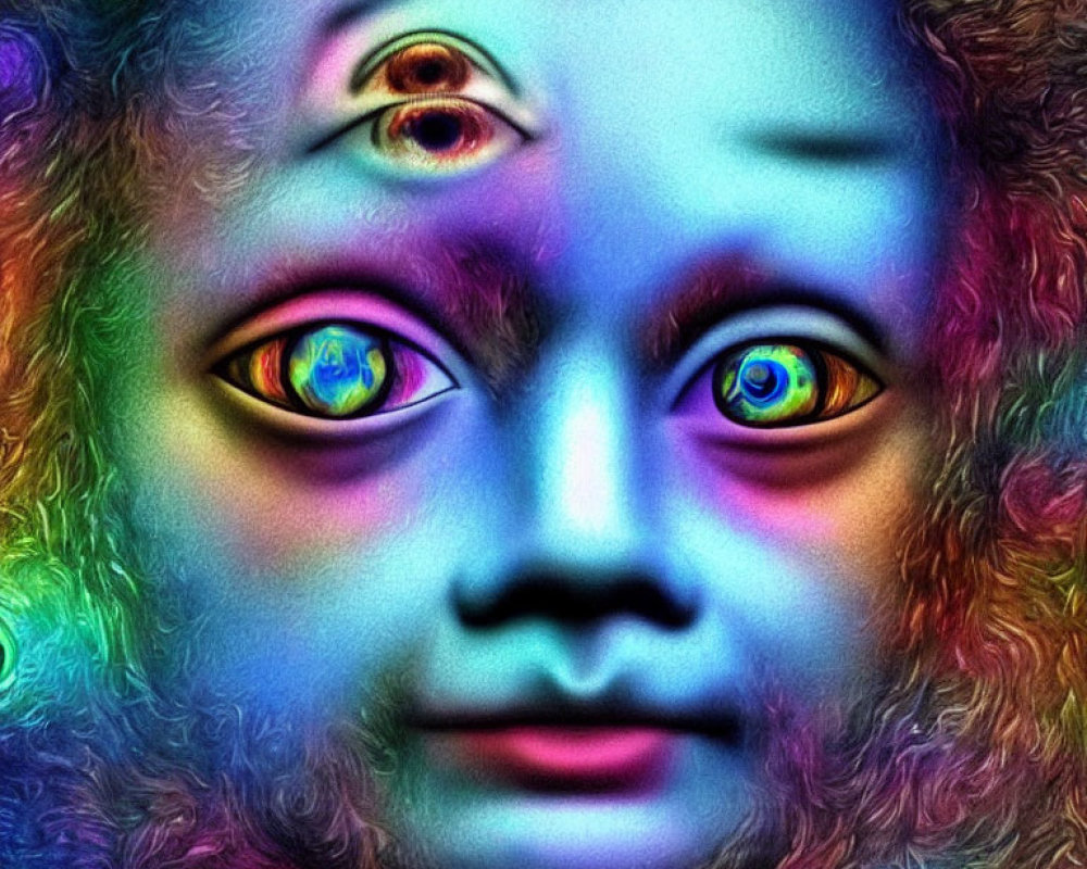 Abstract multi-colored digital art: surreal face with multiple eyes