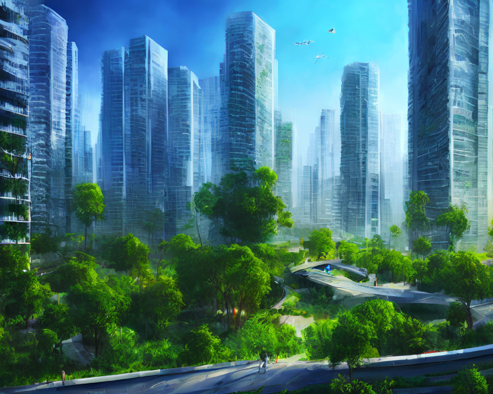 Futuristic cityscape with greenery, high-rise buildings, and blue sky.