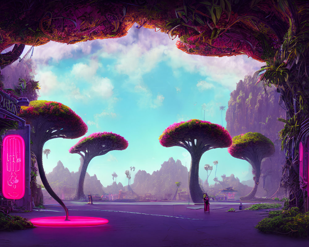 Colorful futuristic landscape with neon signs, lush greenery, pink-topped trees, and blue sky