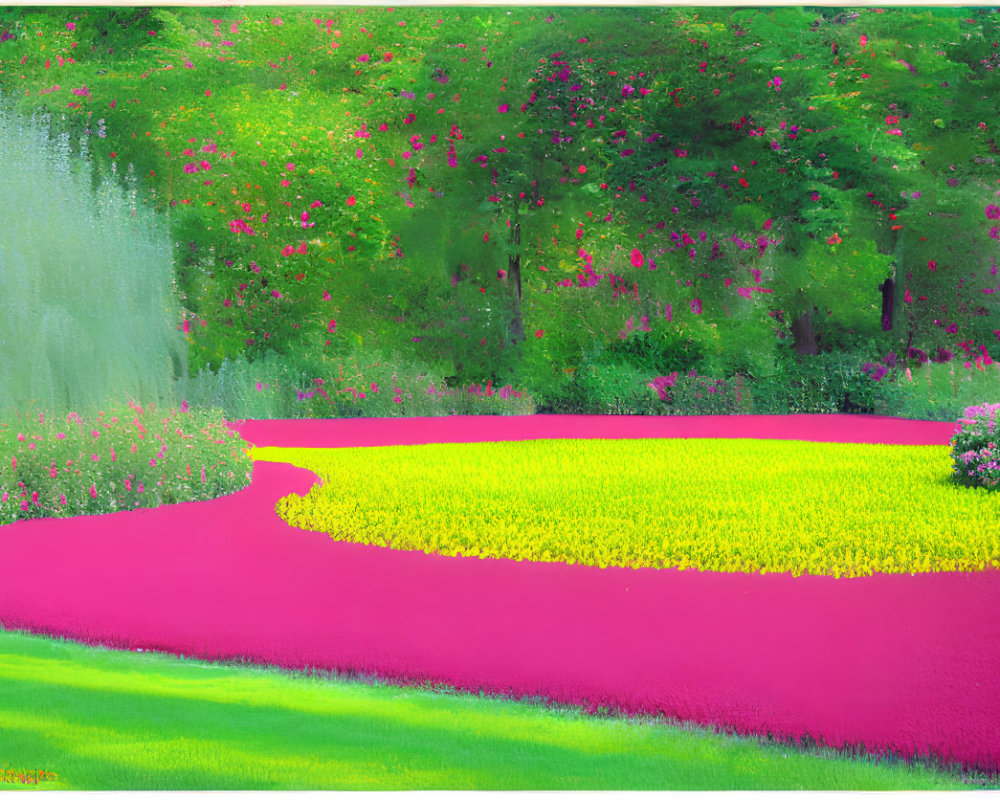 Colorful landscape painting with yellow flowers, pink path, greenery, and blossoms