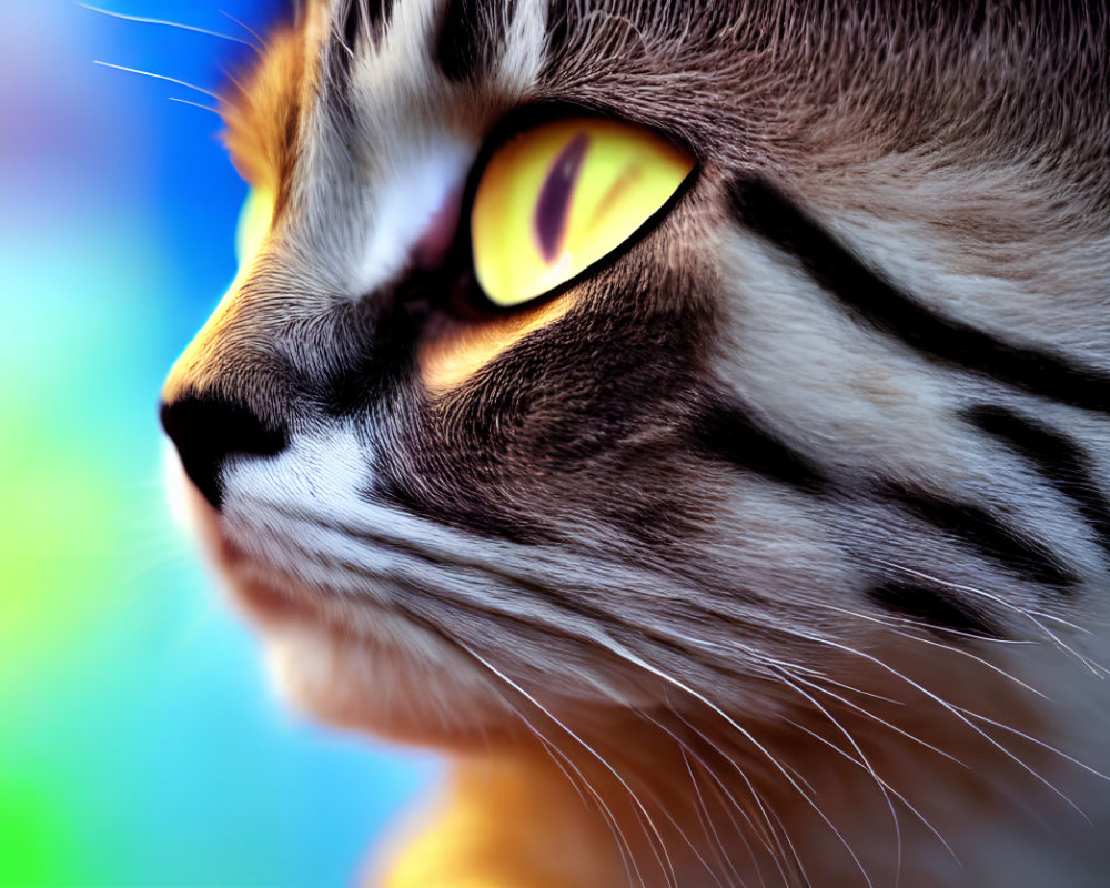 Cat with Yellow Eyes and Tabby Markings Against Blue and Green Background