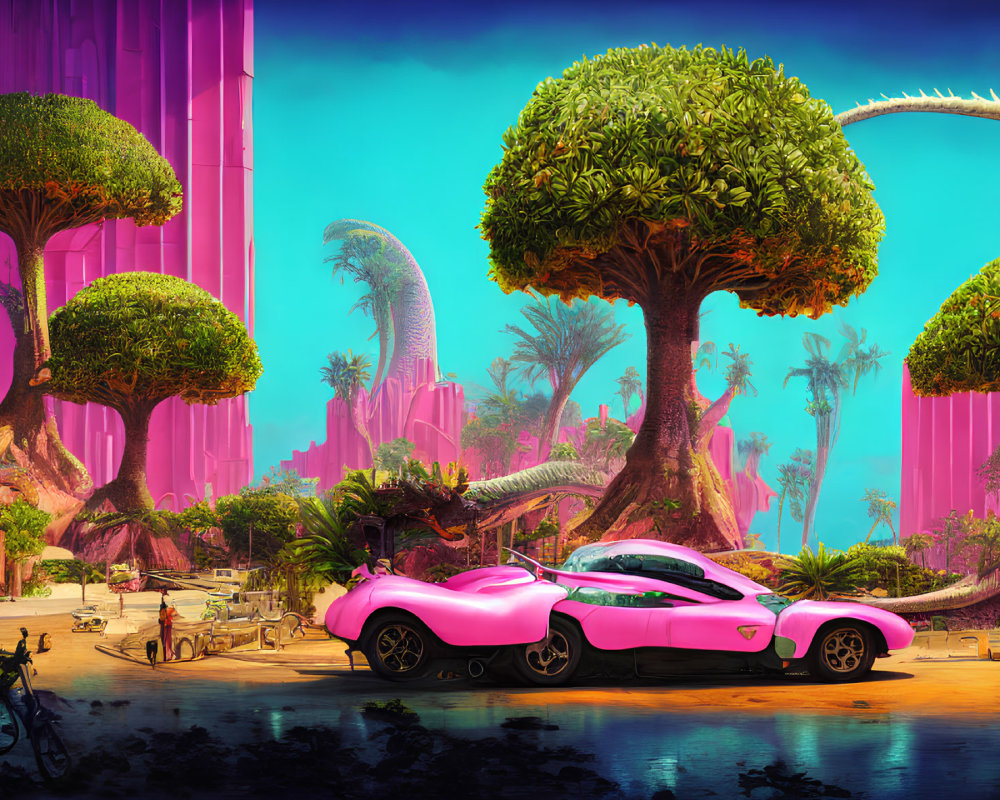 Futuristic sci-fi landscape with oversized flora, pink sports car, and towering pink structures