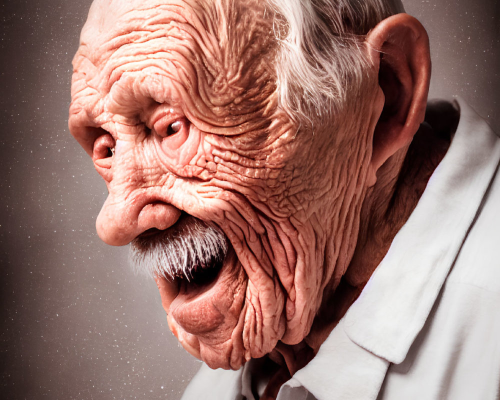 Elderly gentleman with deep wrinkles and white hair in white shirt on brown backdrop