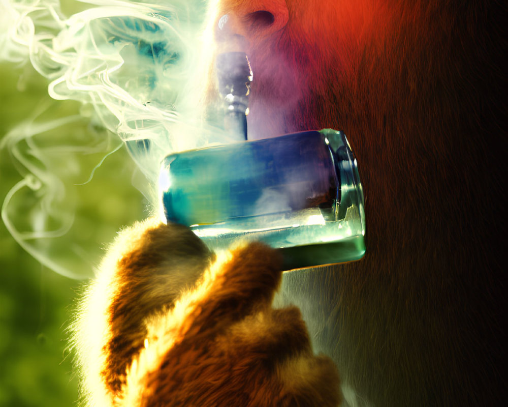 Monkey with vapor holding juice box in natural setting