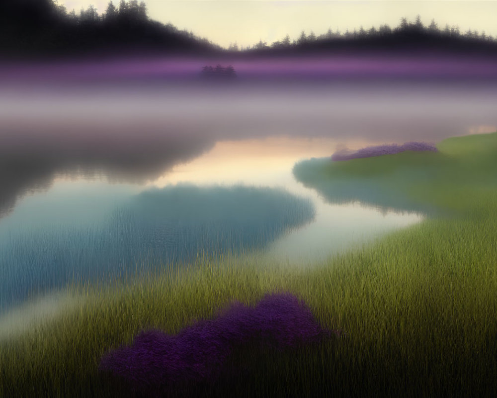 Serene Dawn Scene: Purple Fog, Mirrored Lake, Greenery, Purple Flowers