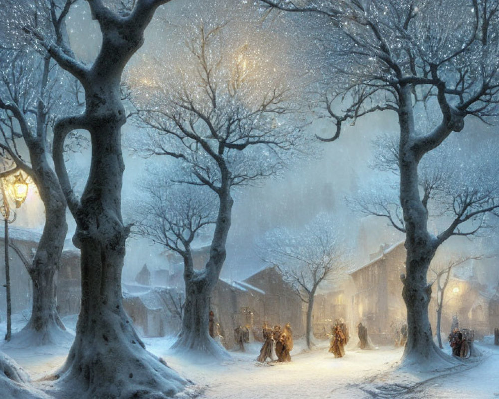 Snow-covered trees, glowing streetlamp, and people walking in a winter village scene