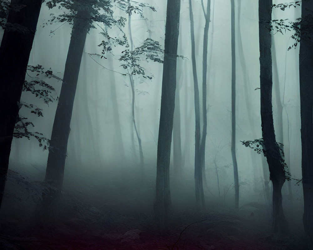 Misty forest with tall trees and mysterious red glow