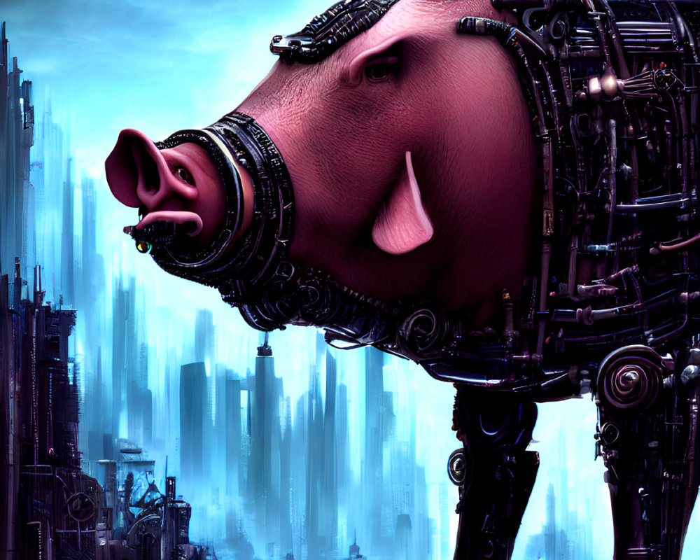 Cybernetic pig with intricate mechanical details in futuristic cityscape