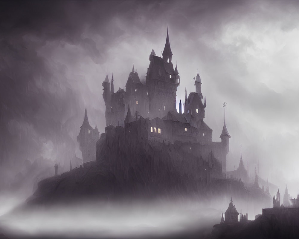 Misty monochromatic scene with gothic castle on hill in foggy setting