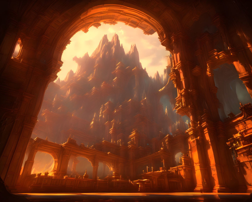 Ethereal fantasy landscape with glowing golden palace