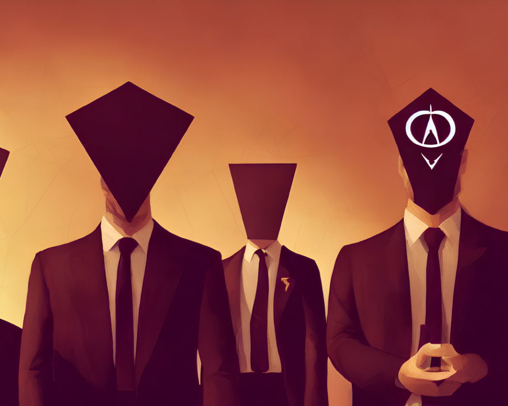 Geometric Head Figures in Suits on Orange Background