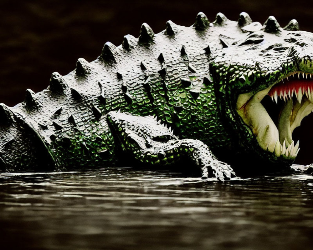 Crocodile head in water with jagged back and sharp teeth