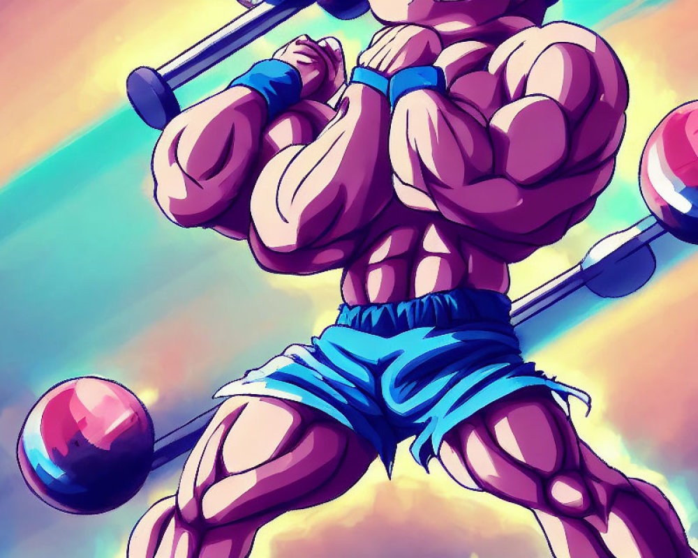 Animated character flexing with barbell and weights in vibrant colors