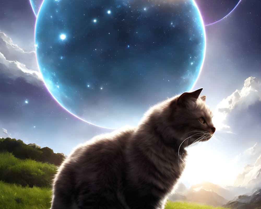 Gray Cat Observing Celestial Bodies in Surreal Sky