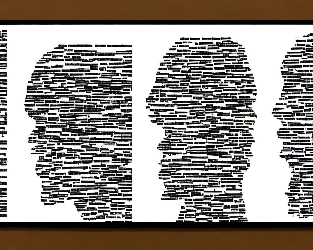 Three jumbled text silhouettes on brown background symbolizing communication or identity.