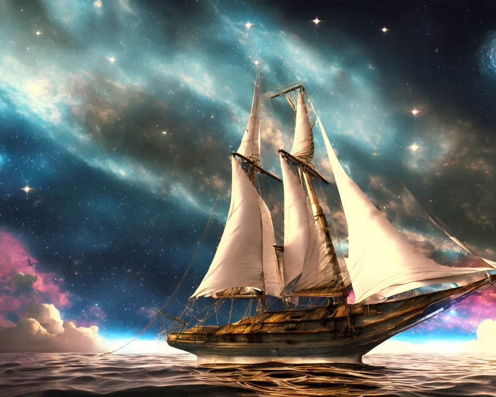 Sailboat sailing on tranquil sea under star-filled sky