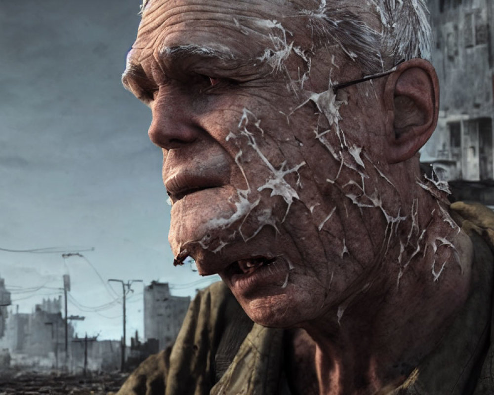 Elderly man with weathered skin in front of war-torn cityscape