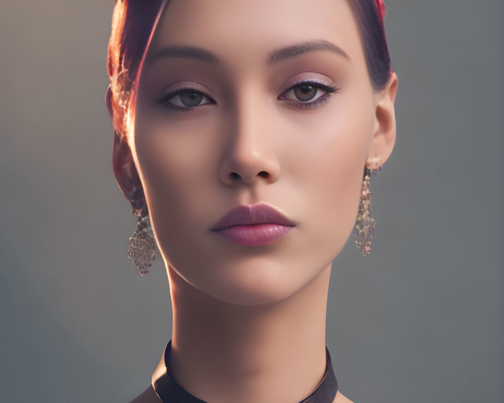 Contemplative woman with floral hairpiece and elegant jewelry on neutral background