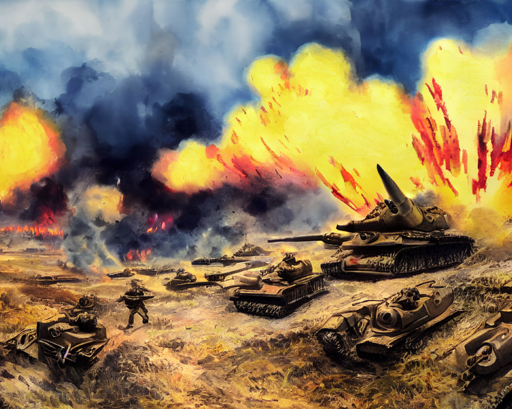 Dramatic WWII battle scene with explosions, soldiers, and tanks