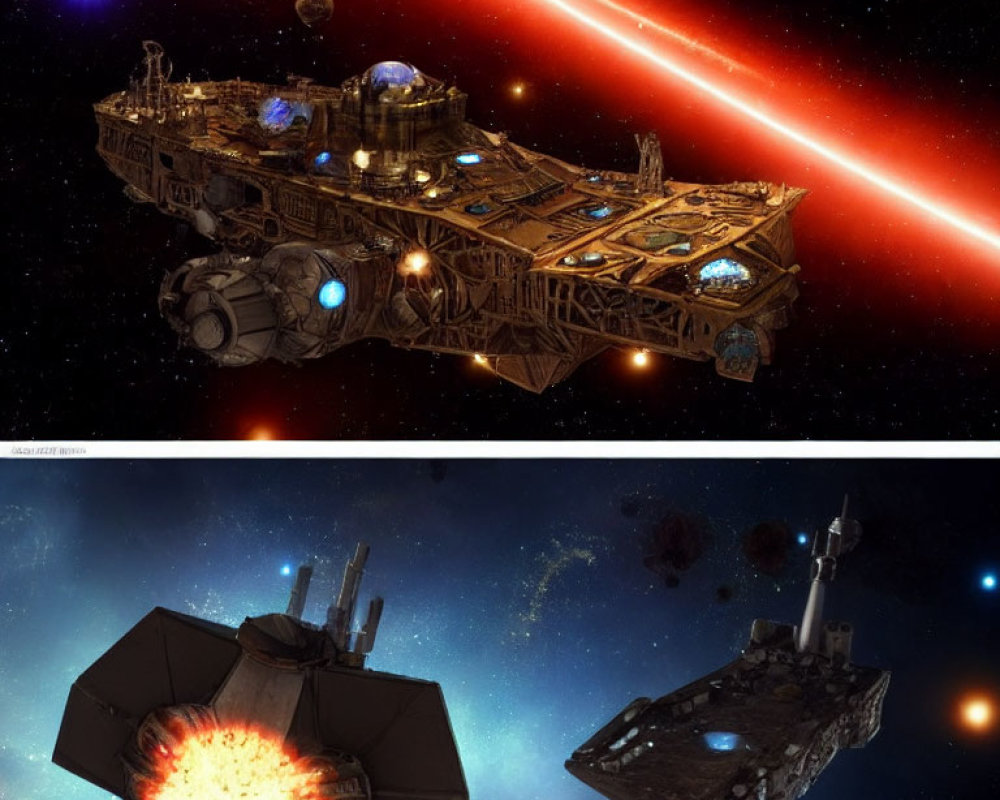 Space Battleships Engaged in Combat with Explosions and Laser Fire