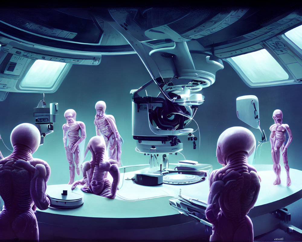 Alien figures in high-tech medical room with advanced equipment