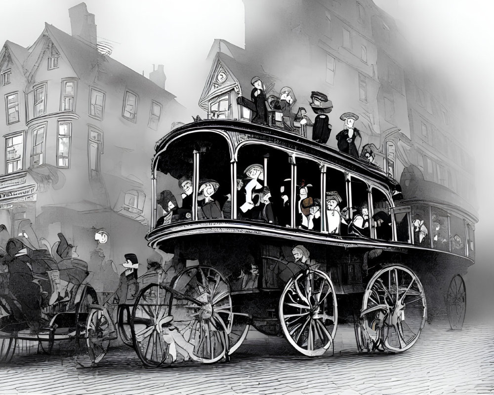 Vintage Horse-Drawn Double-Decker Bus in Foggy Old Town Street