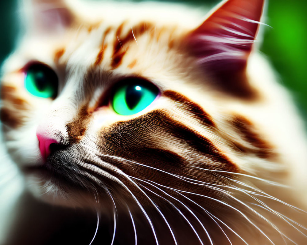 Tabby Cat with Green Eyes and Pink Nose on Green Background