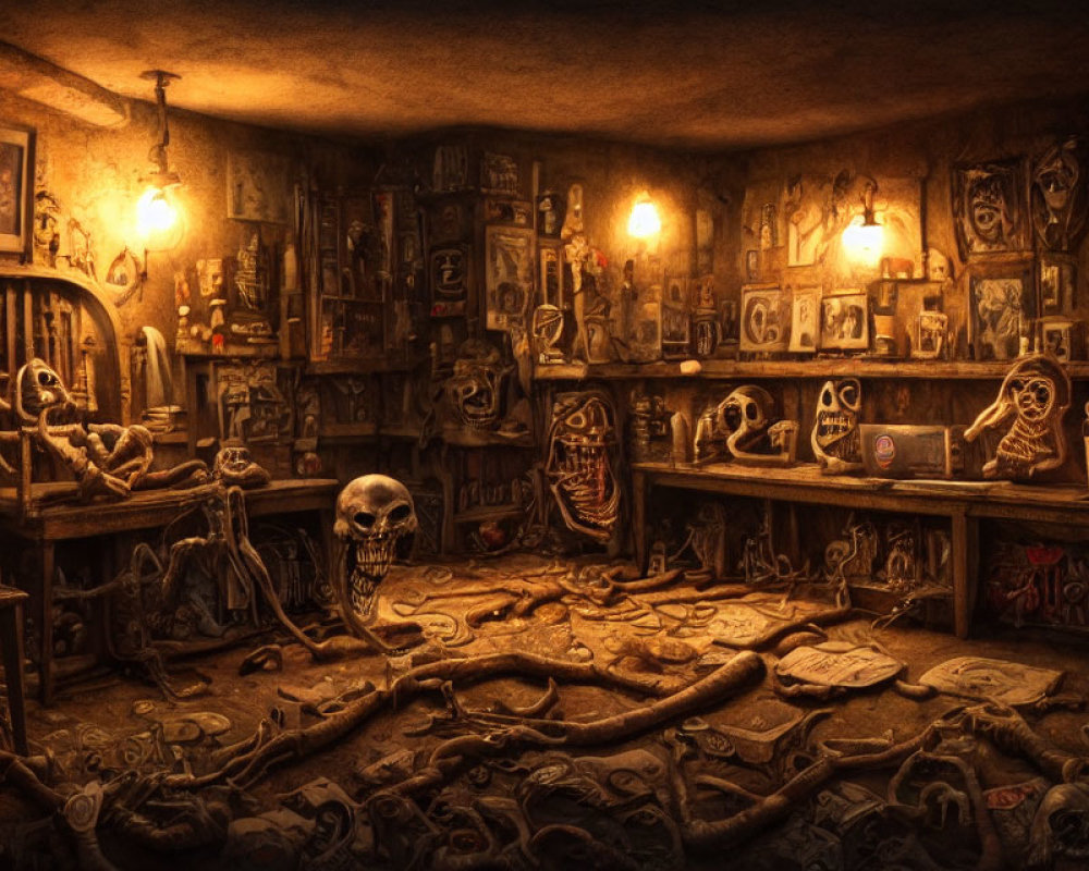 Mystical symbols, skulls, bones, books, and a snake in dimly lit room