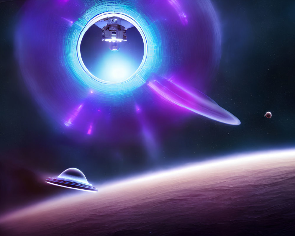 Sci-fi scene: Two UFOs, spacecraft, illuminated portal, planet surface.