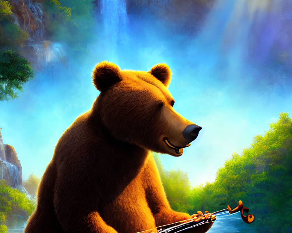 Bear playing violin by river with waterfall under sunbeam