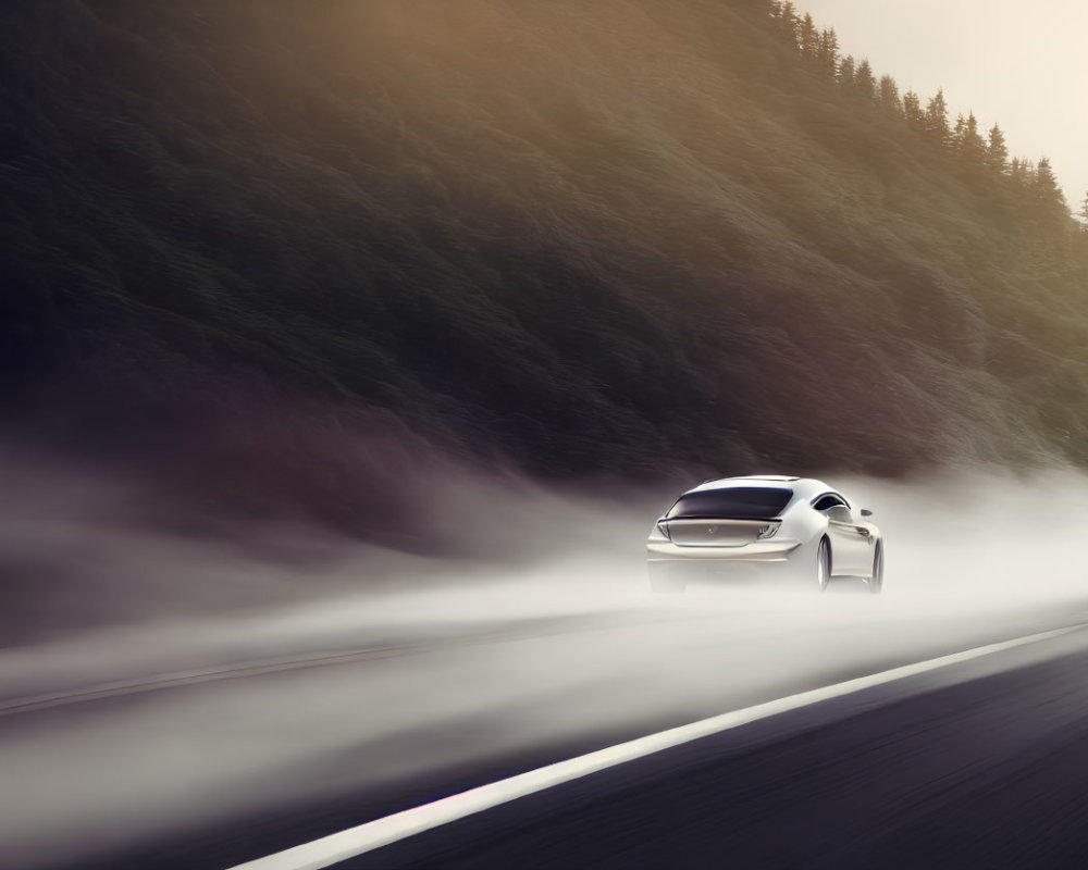 Speeding Car on Misty Mountain Road with Pine Trees