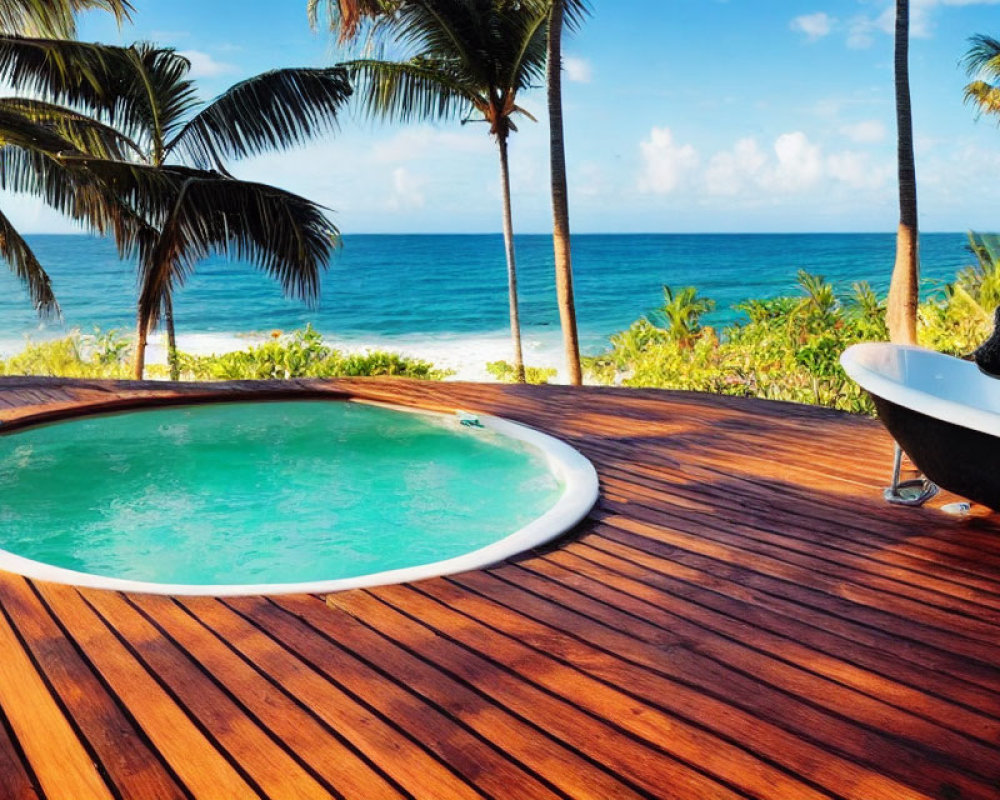 Tranquil outdoor scene with pool, bathtub, ocean view, lush greenery