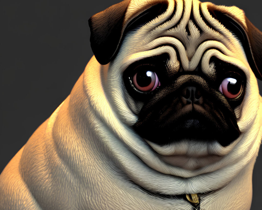 Close-up of 3D animated pug with sad eyes and collar tag