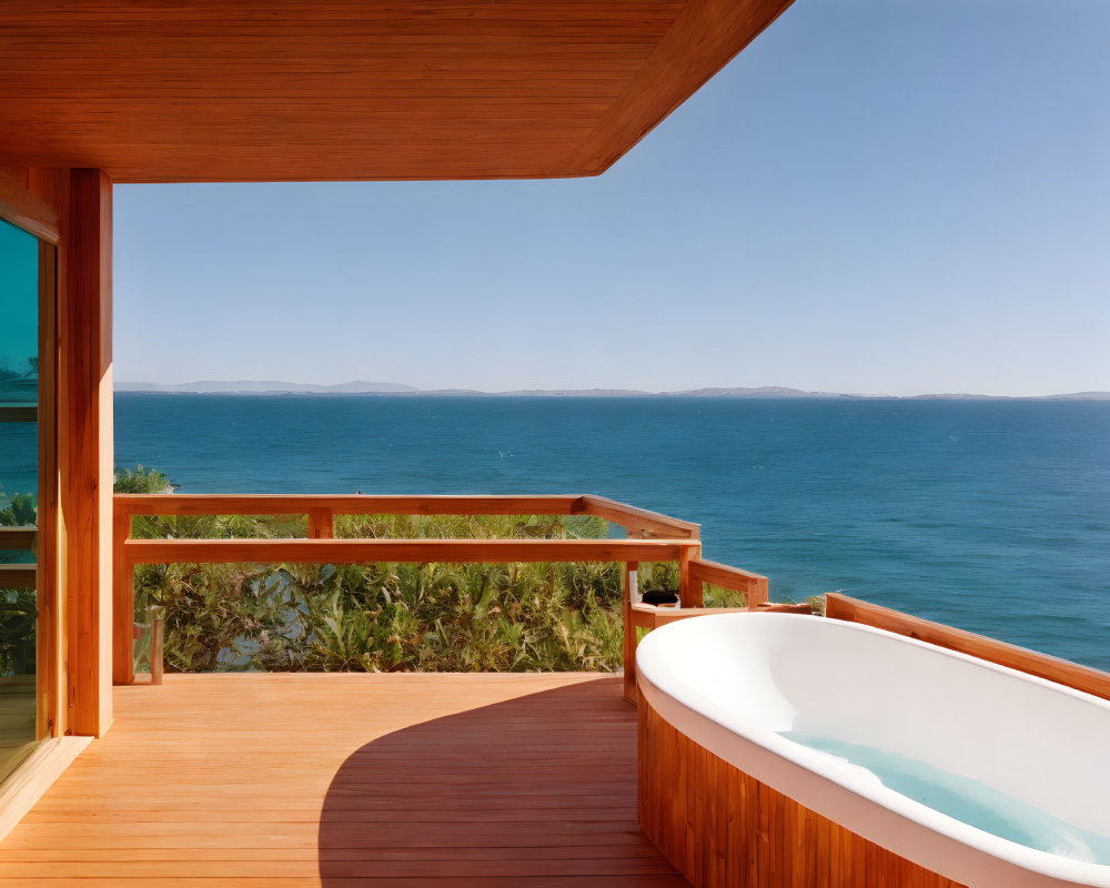 Wooden Floor Balcony with White Bathtub Overlooking Blue Sea