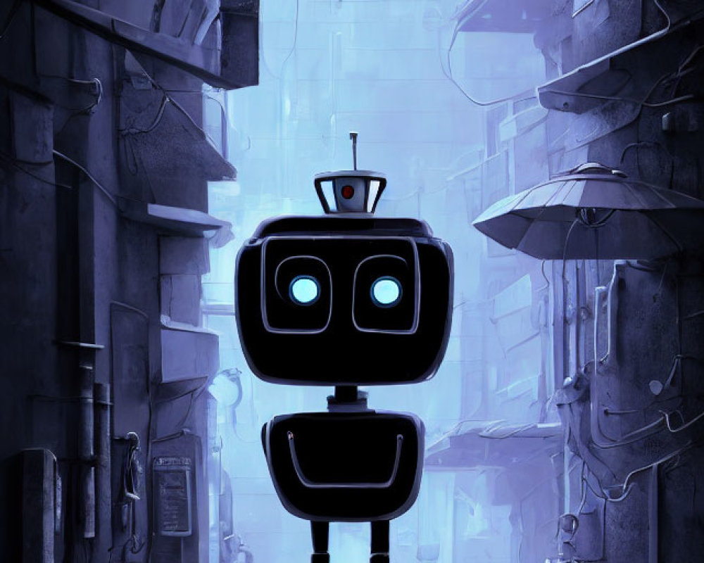 Futuristic alleyway scene with two robots, one with humanoid face and large eyes, another with