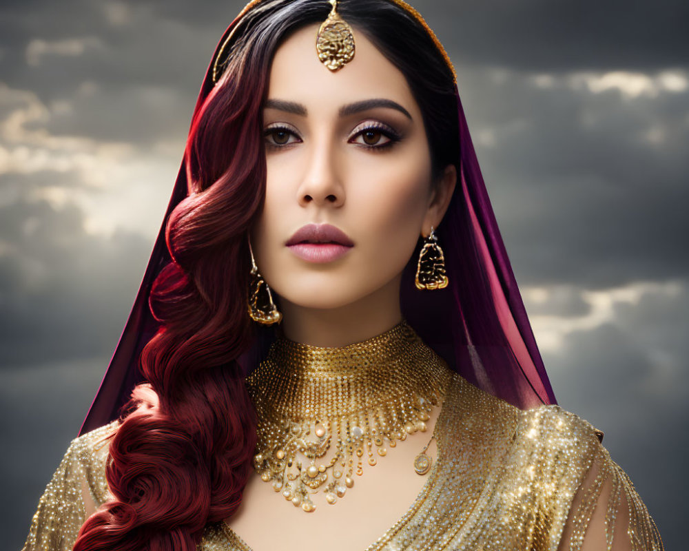 Portrait of Woman with Gold Jewelry, Red Hair, and Purple Shawl